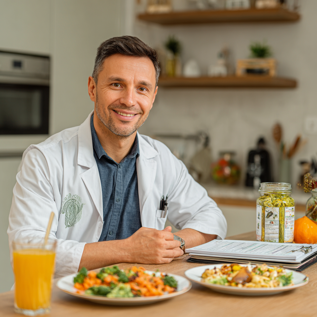 Romanian nutritionist consulting with client using modern digital tools and healthy food samples