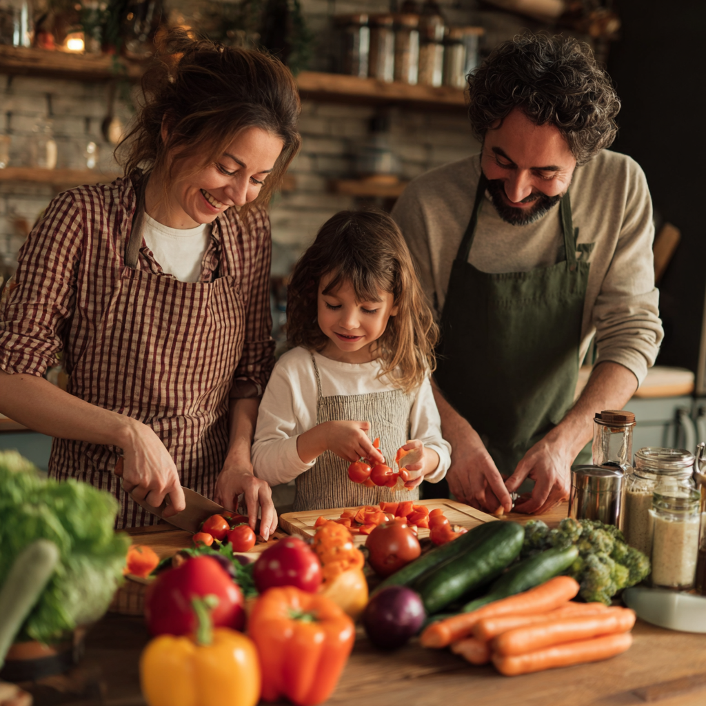 Diverse Romanian adults of different ages enjoying colorful nutritious meals and showing energy and vitality